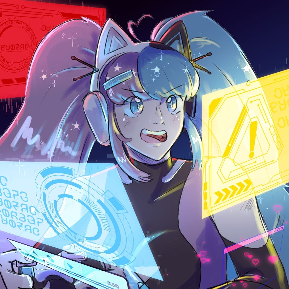 Illustration; Girl with pink-blue split dyed hair holds a game controller, she wears a shoulderless and high necked body suit and looks determined at various hologram screens.