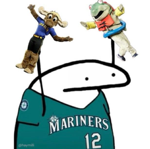 A stick figure picture of a Mariners fan wearing a mariners jersey holding up the mariner moose and Humpy 