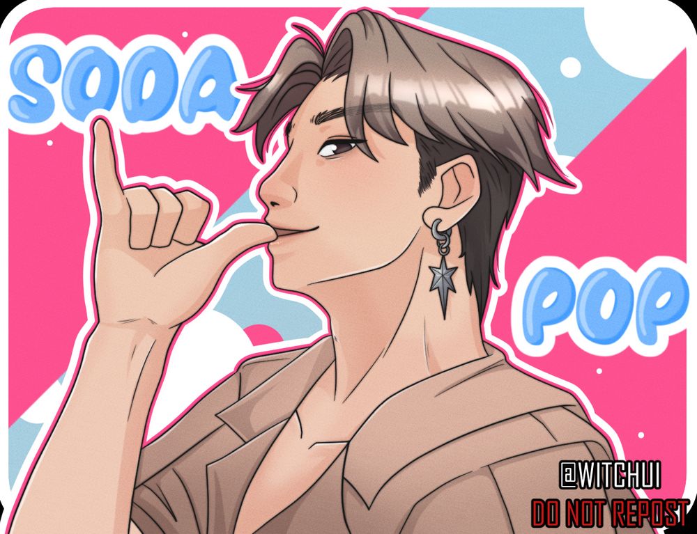 Fanart of the character Wakuu from the farming game Coral Island, doing a pose from the popular song Soda Pop. 
