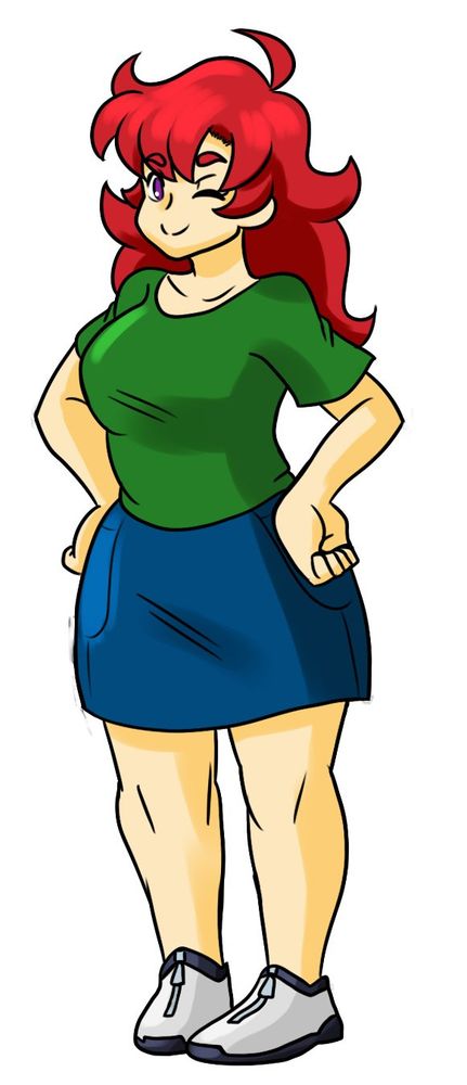 A young woman with spiky yet wavy red-hair stands with her arms against her hips, winking at you with her purple eyes. She's wearing a green T-shirt, a blue skirt, and white shoes.