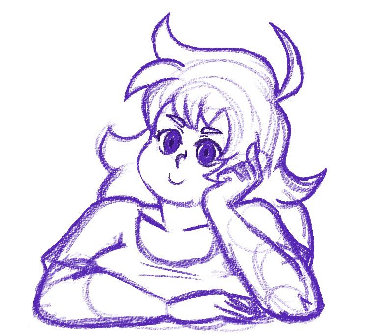 Rune resting her arms on a surface, such as a table, her head leaning on her left hand propped up by her elbow. She is looking towards the viewer with a friendly smile.