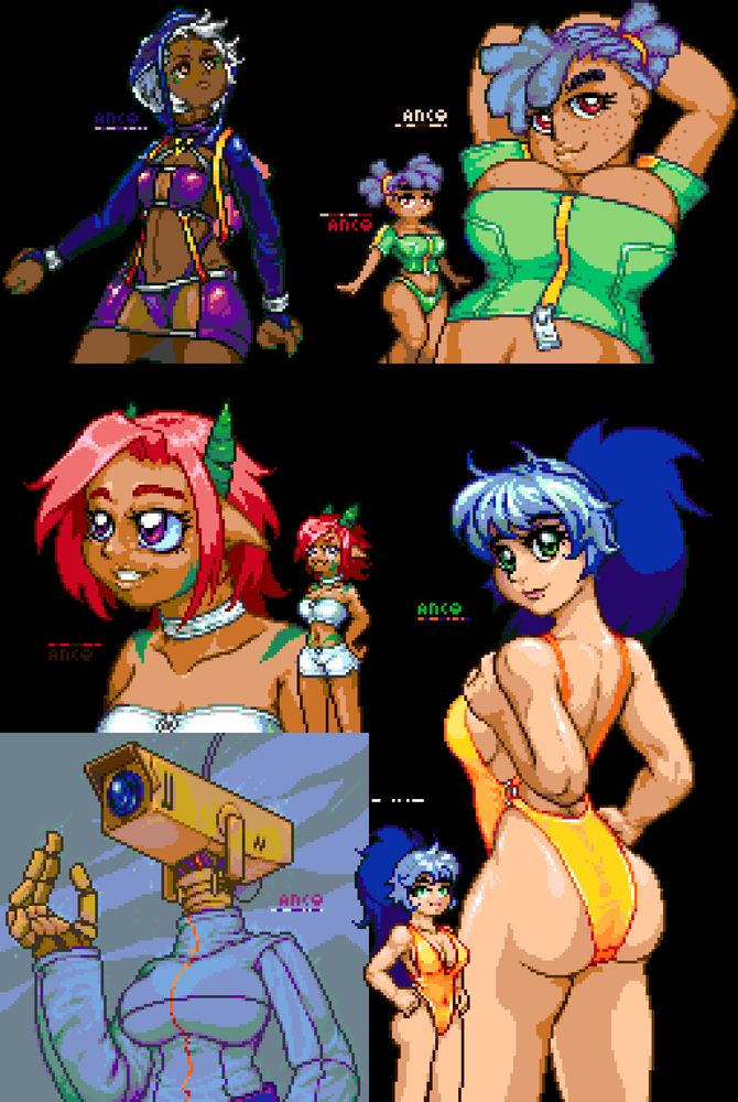 Pixel art of five women in various outfits. CW from noon: A red-eyed tan-skinned, shorter woman in a low-cut green crop top with curly, blue-grey hair tied back in a short ponytail and loose bangs on her right side. A tall green-eyed woman with an amber one-piece swimsuit and long, straight, blue hair pulled back in a ponytail. An even taller big-tiddy robot with an old-style security camera for a head standing in the rain wearing a wet track jacket. A purple-eyed ginger imp girl with straight, short, somewhat messy pink/rose/red hair, green horns, and olive skin wearing a white choker zipper bandeau top and shorts. A hazel-eyed, brown skinned woman with even messier short white hair, green eyelashes and fignernails, and an outfit that a bootleg of Aeon Fluxx might have worn to a French nightclub in 2001 (if anyone has actually read the alt text this far and wants a proper description, let me know and I'll happily do it in a followup post ;0; <3). The first, second, and fourth character have a smaller pixel art sprite of that character in their respective costumes. Each element is attended by a watermark and timecode.