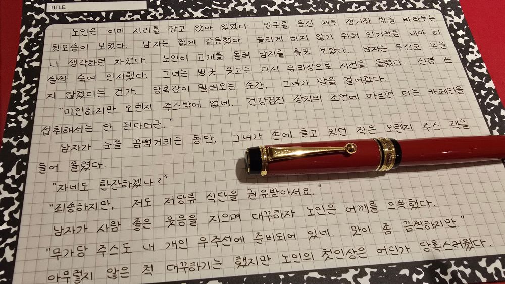 모눈 노트에 만년필 손글씨 위에 놓인 파이롯트 커스텀 845 만년필.
