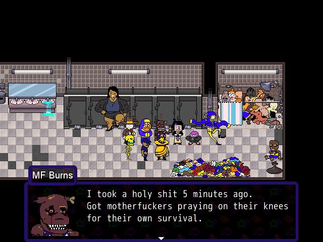 Juan conversing with the local riff-raff of the Disco Cultist party.
MF Burns: "I took a holy shit 5 minutes ago. Got motherfuckers praying on their knees for their own survival."