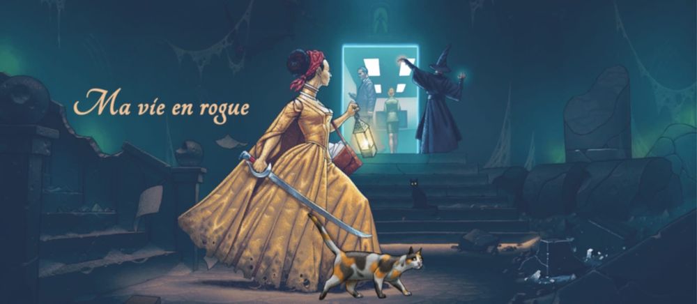 Cover art for Ma Vie en Rogue by Ultima and Origin Systems artist Denis Loubet. A woman in an elegant golden dress, tattered and muddy along the hem from her travails, descends a dungeon stairway escaping one peril only to encounter another: A wizard opening a portal to a strange future world. Her intrepid feline companion, based on the calico cat named Amber, trots by her side, on the lookout for even more dangers. The woman is carrying a sword and a lantern, with a bag slung over her shoulder out of which fly pages of a journal. The wizard’s own familiar, a shadowy black cat, peers out from the darkness with glowing eyes. Bats scatter overhead as the scene unfolds amidst broken-down architecture in the gloomy, dusty cavern.