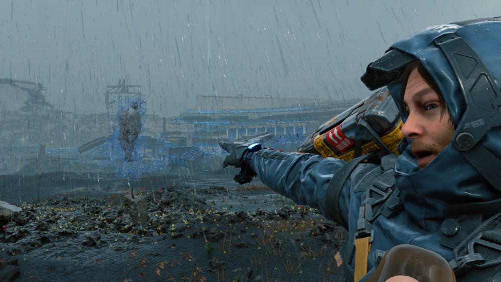 Norman Reedus pointing, mouth agape, in awe of the beauty of a grey apparition