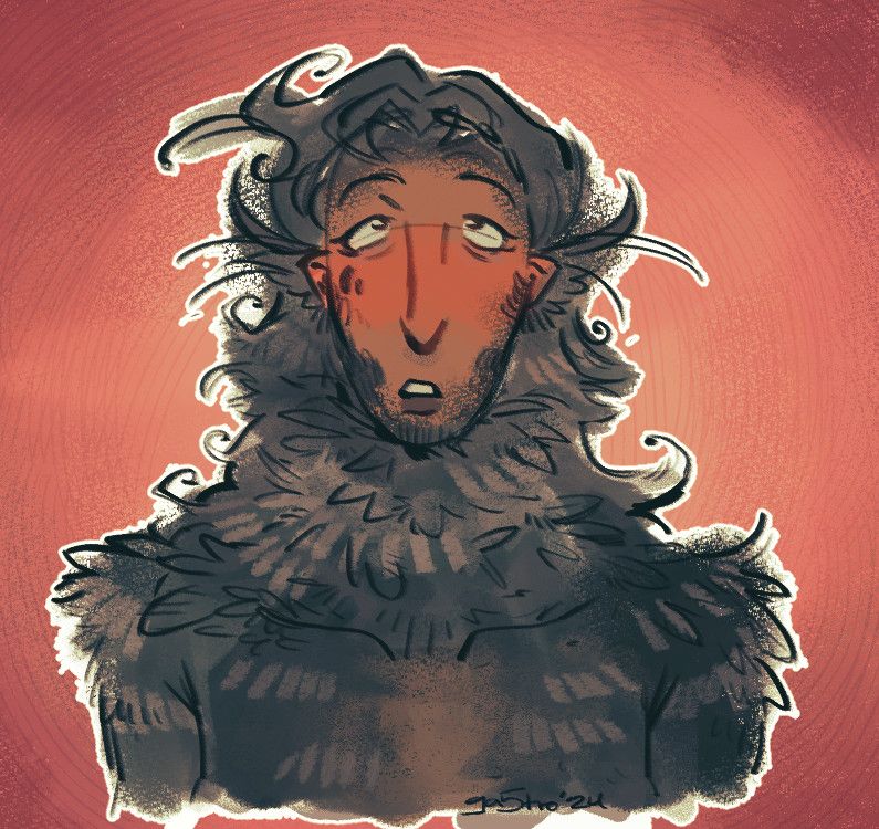 A front-facing bust of Starling, an avian bengali man. He is shirtless and covered in blueish, speckled feathers; they are fluffed out in embarrassment. He looks up and past the camera with a bright red flush over his cheeks. So bashful!