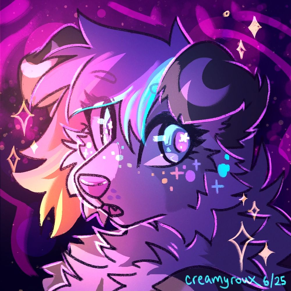digital portrait of a fluffy gray/white anthro dog with dark floppy ears, and a surprised/ enchanted expression on her face. Her short tufted hair glows bright pink, blue, and yellow/orange, and reflect in the bright spots and sparkle markings on her cheeks