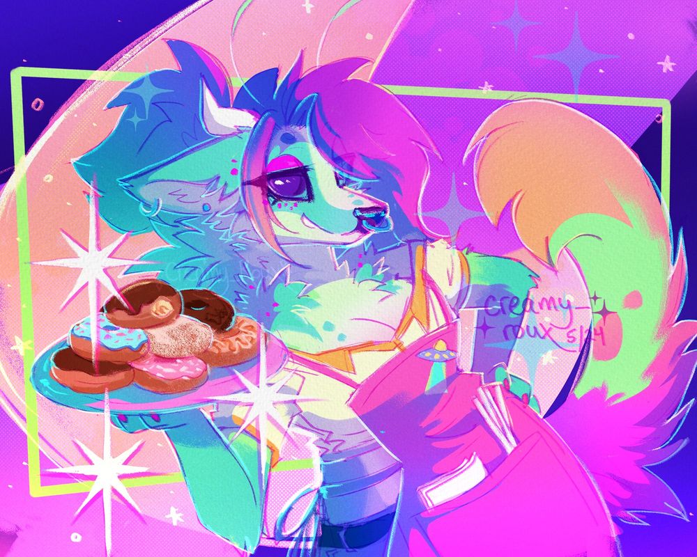 digital drawing of an anthro cow/maned wolf hybrid alien, with bright green fur and bright pink/orange hair and tail highlights. She's holding a tray of brightly frosted donuts towards the viewer and resting the other hand on her hip