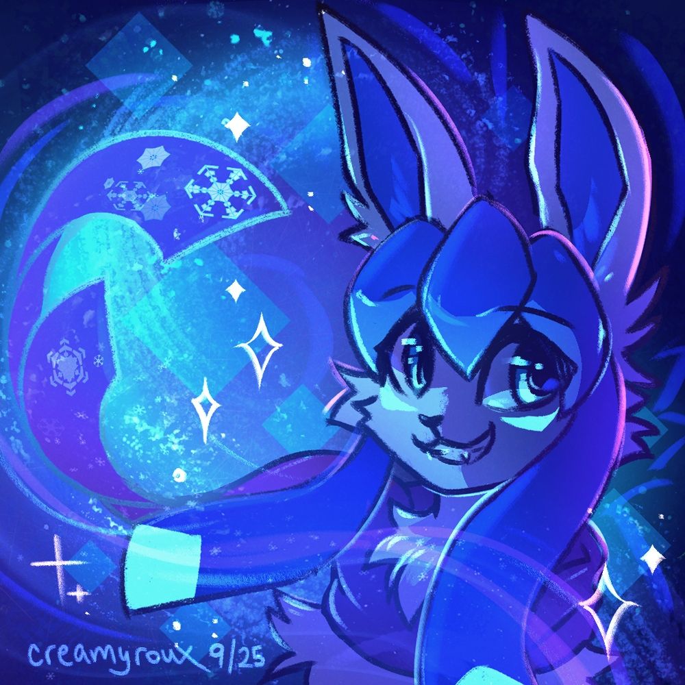 digital portrait of a cheerful grinning glaceon with glowing markings, surrounded by a snowy, icy wind