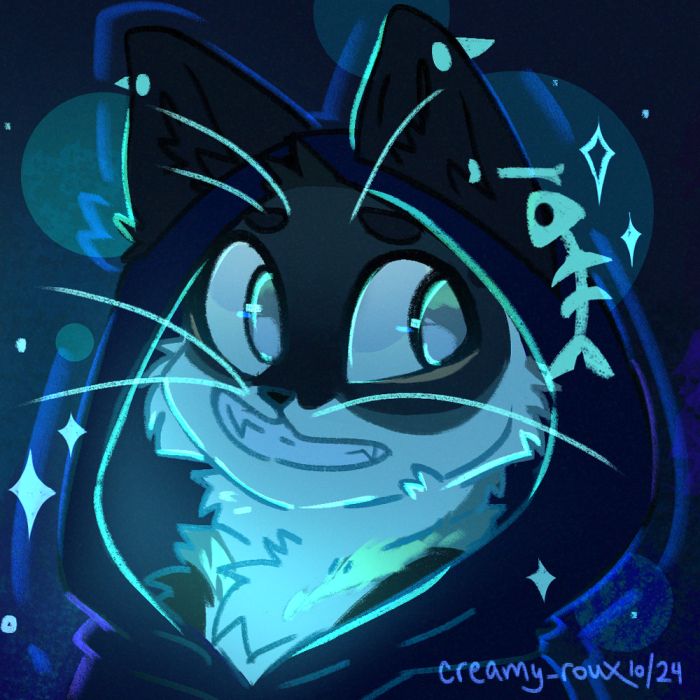 Anthro portrait with the character in a hoodie looking to the right with glowing bright blue/green markings