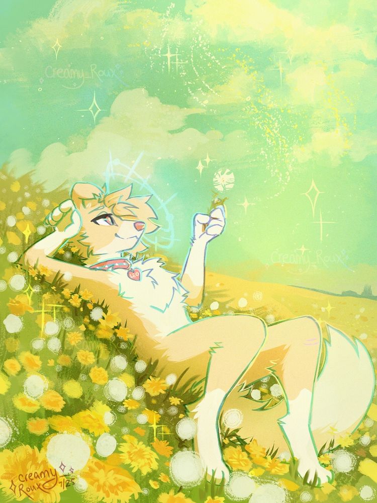 a digital drawing of a cream yellow anthro dog character laying back, relaxing in a bright yellow and green field of dandelions. They have short hair being swept by a soft breeze, and are wearing a pink and blue spiked collar with a heart tag that reads the name "Leo". They're holding up a single fluffy dandelion, allowing the seeds to scatter into the sky on the breeze