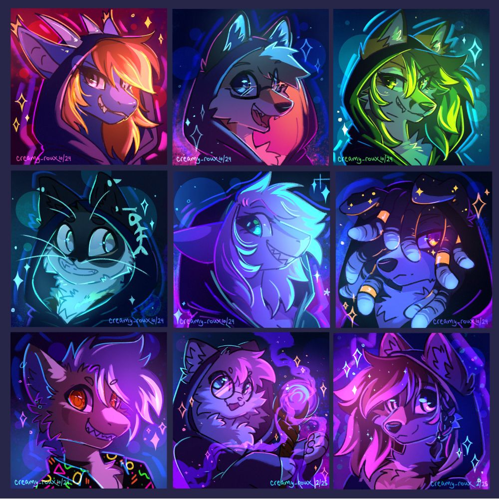 A collection of my glow portrait commissions in a 3x3 grid, featuring different characters, colors, and expressions