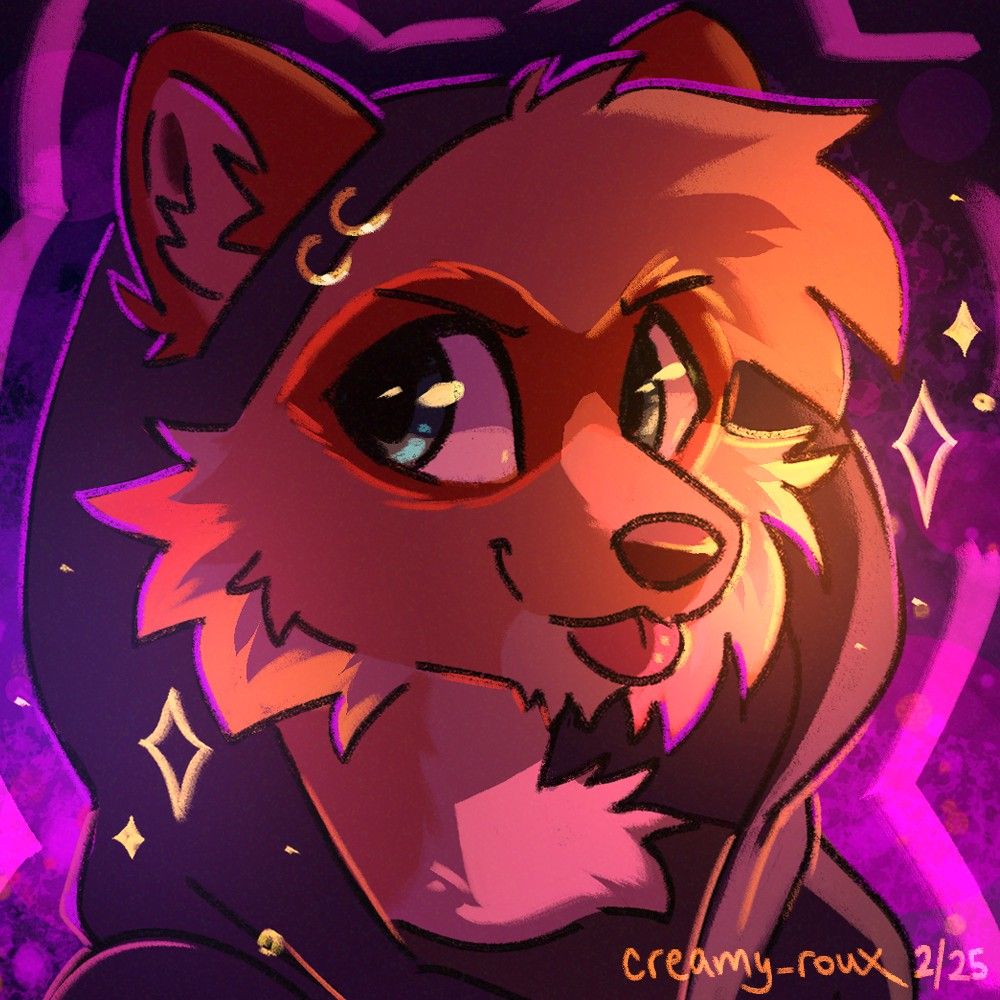 Anthro glow portrait with the character in a hoodie with glowing orange cheek floof and hair tips, doing a blep :p