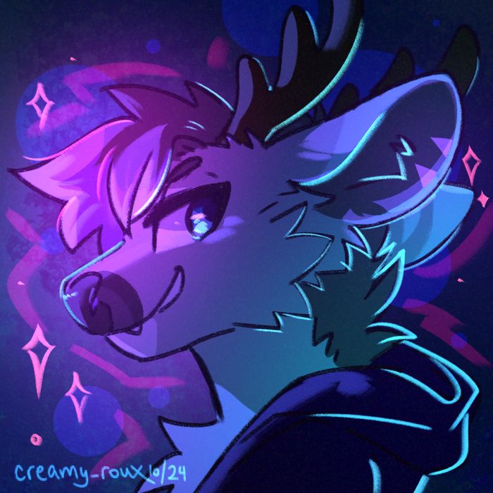 Anthro portrait with the character in a hoodie facing to the left and looking right towards the viewer with glowing purple hair tips