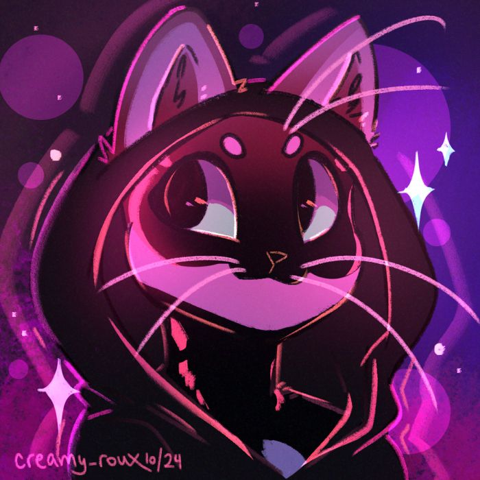 Anthro portrait with the character in a hoodie looking to the left with glowing bright red markings