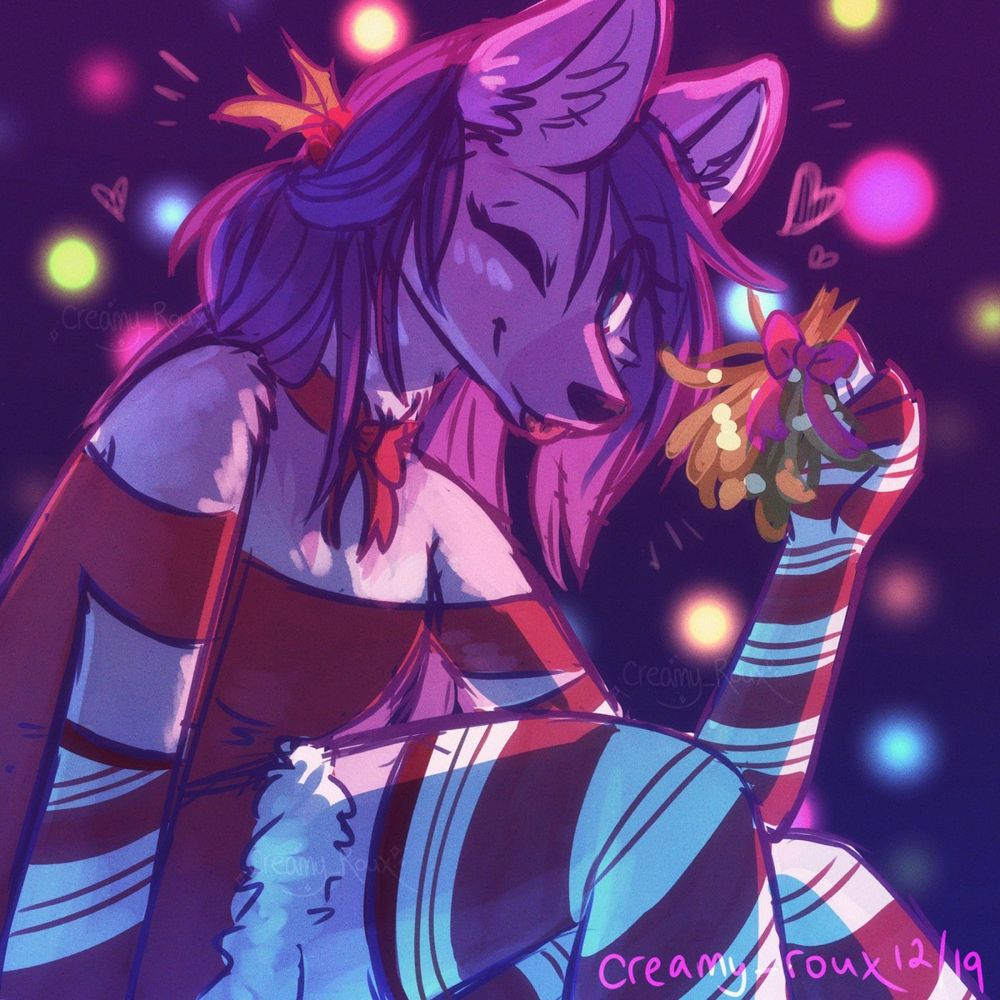 anthro maned wolf sitting and posing with mistletoe. She's dressed in a red off-the-shoulder santa themed dress and arm warmers/leggings patterned like candy canes