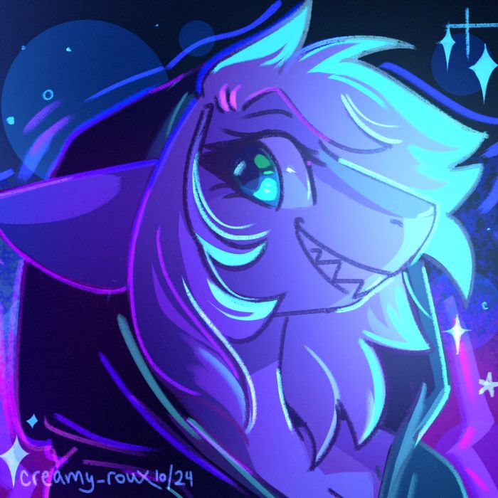 Anthro portrait with the character in a hoodie. She's facing right looking left towards the viewer with glowing bright blue hair tips