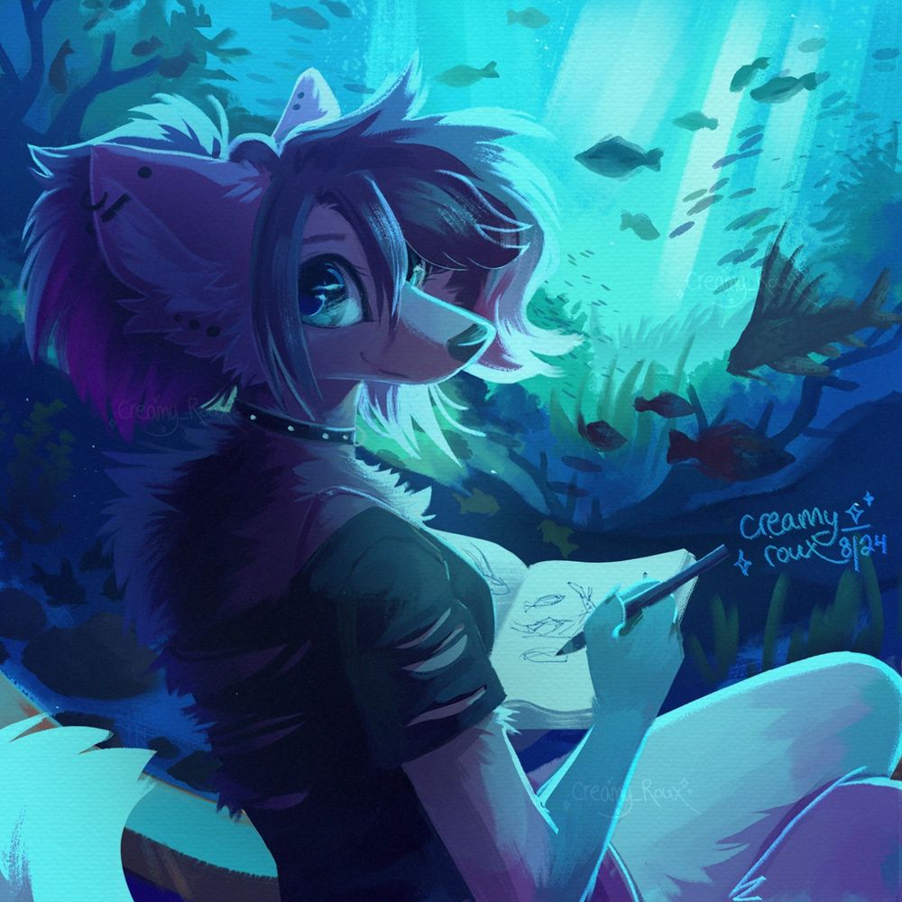 anthro maned wolf seated in front of a large fish tank full of various fish (some rainbowfish, synodontis cats, cory cats, and non-specific species in the background) Blue-green light illuminates the scene as she holds a sketchbook full of life sketches and looks over her shoulder at the viewer