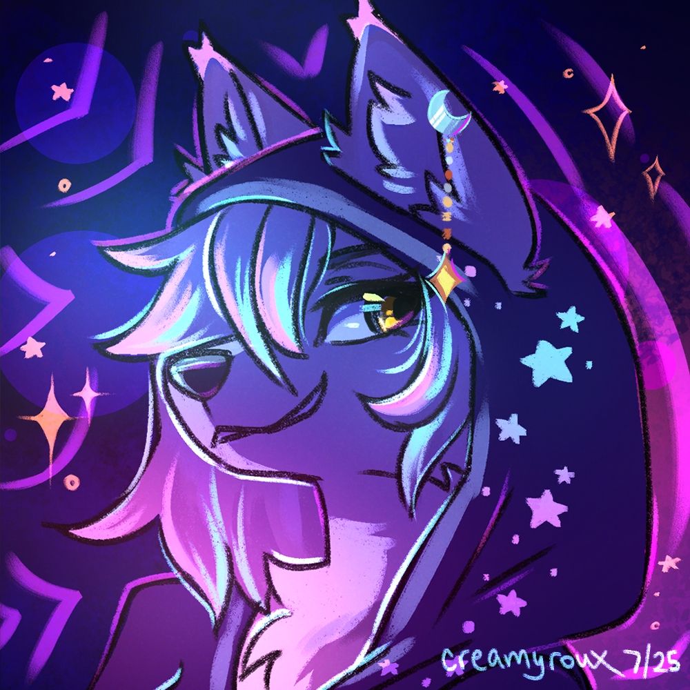 digital portrait of an anthro wolf in a dark blue hoodie.  Her hair glows with blue and pink streaks, and her eyes glow with golden yellow highlights. Glowing pink/blue stars decorate her hood