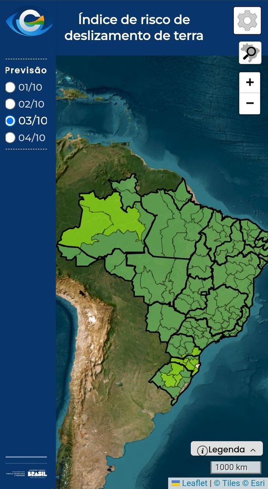 Print do site do GeoRisk mostrando um mapa do Brasil e previsão para o dia 03/10