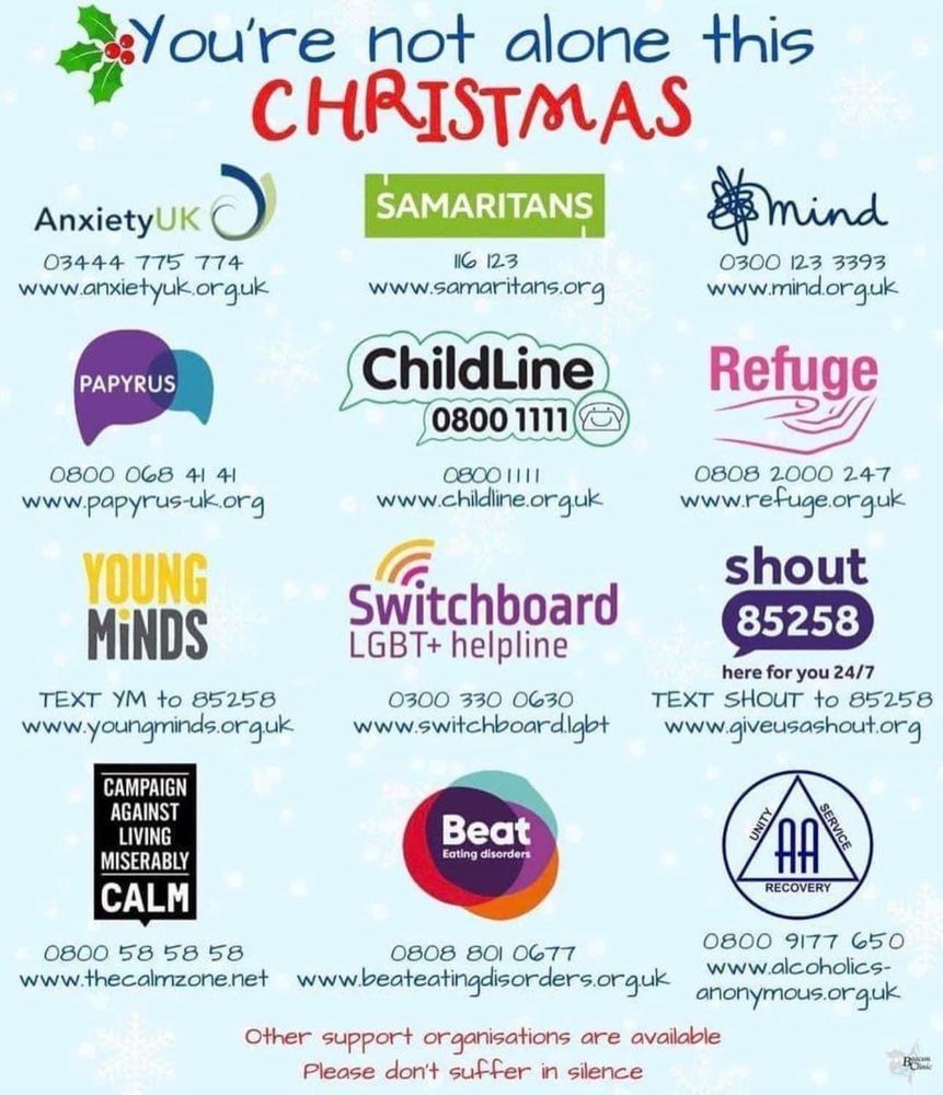 Telephone numbers & websites of support organisations https://www.mind.org.uk/information-support/guides-to-support-and-services/seeking-help-for-a-mental-health-problem/mental-health-helplines/