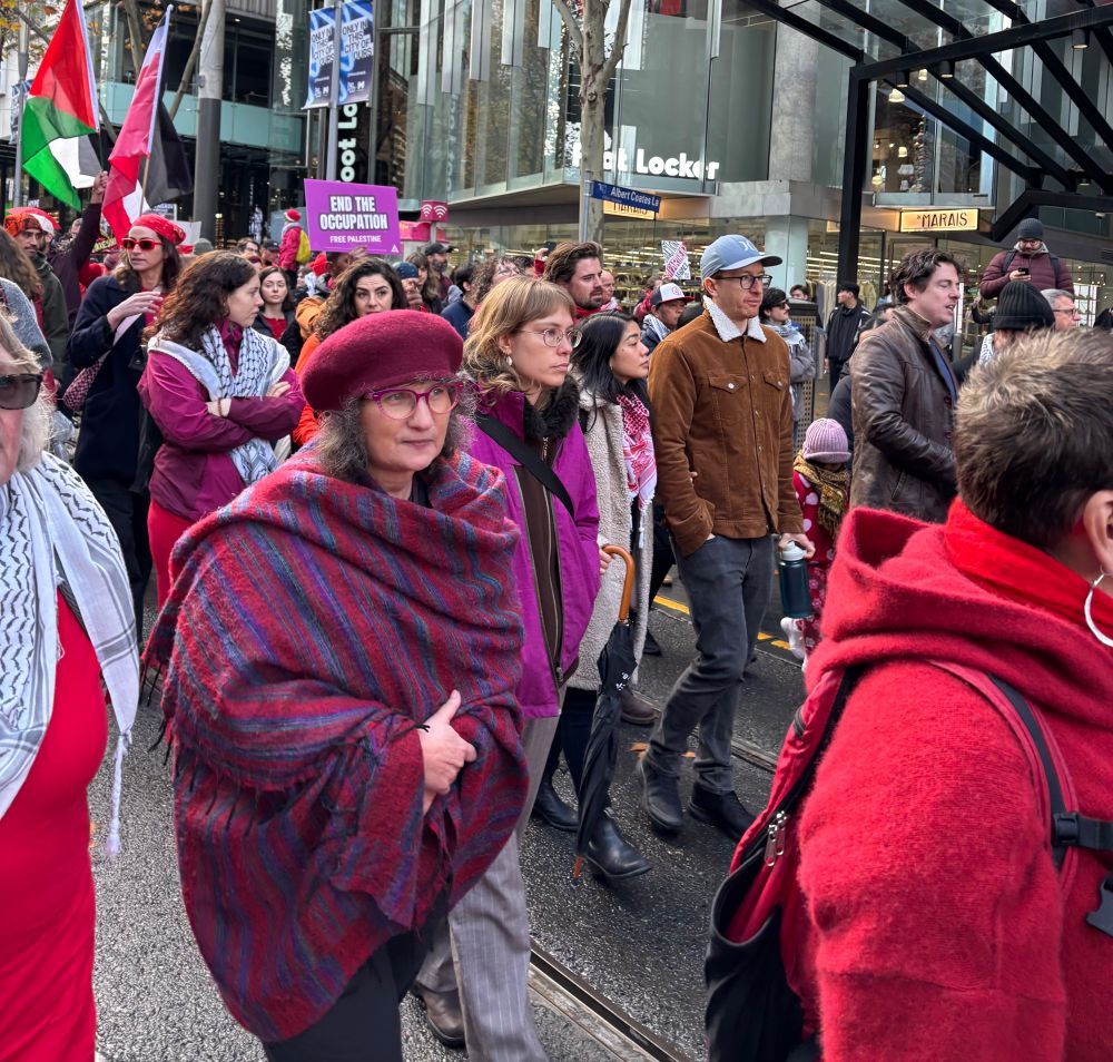 D, with the Loud Jews, wearing a fabulous beret and wrap, with Greens in the background holding purple signs that say End the Occupation. 
