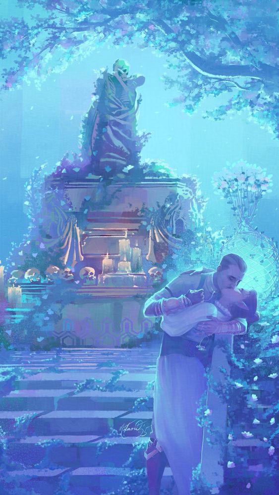 Dominant color is turquoise with purple shadows. Emmrich Volkarin and Rook from Dragon Age the Veilguard make out under a statue of skeleton lovers embracing each other.