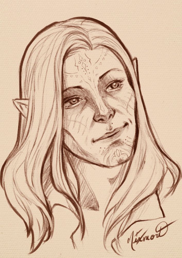 Pencil sketch portrait of Callin, a male elf  Rook from Dragon Age The Veilguard. He has strong cheekbones, long hair parted to the side, and a slight smirk.