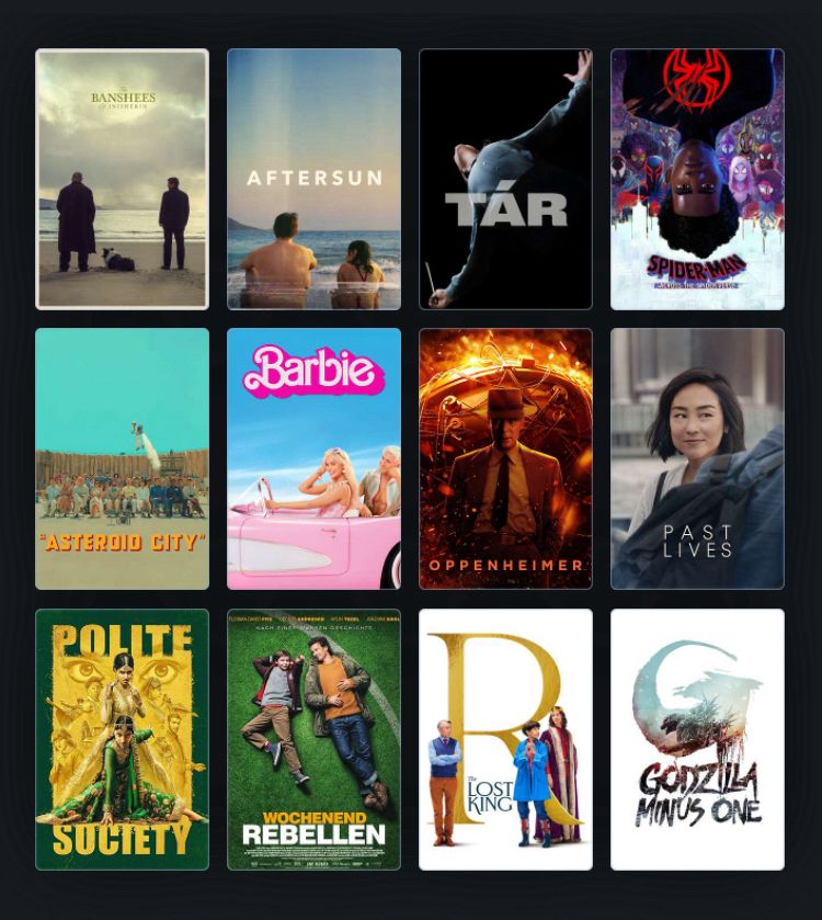 Kinoplakate der 12 Filme, die ich 2023 im Kino gesehen habe