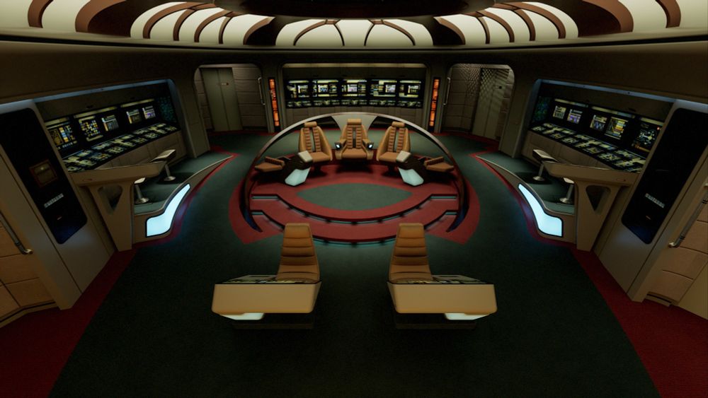 A rendering showing an overhead view of the bridge of the starship Enterprise-D as it appeared in the Star Trek: Generations film. Image via the fan website, Ex Astris Scientia.
