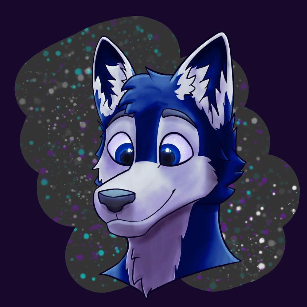 A headshot art piece of Kvasir (a navy blue wolf with a light grey muzzle and belly). He is looking curiously down at his nose with his eyebrows raised. The background looks like he is floating in space.