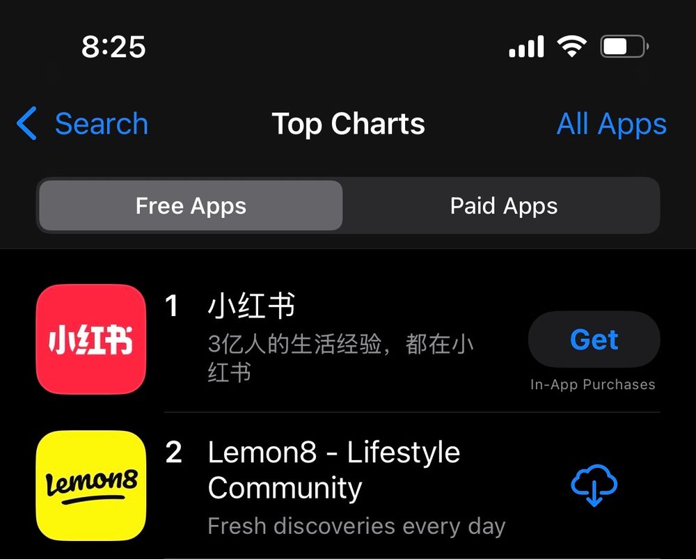 In a twist of irony, the top 2 social media apps on the US app store right are Chinese-owned. Rednote (Xiaohongshu) and Lemon8 (owned by TikTok creator Bytedance).