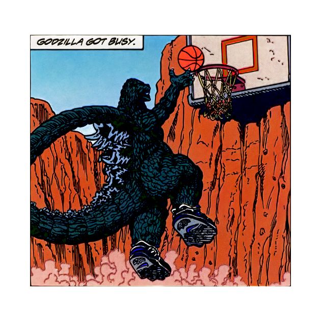 Cartoon of Godzilla dunking a basketball 