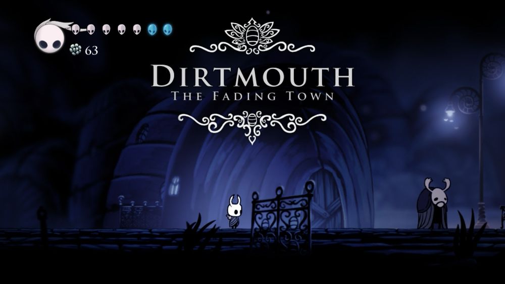 Screenshot from Hollow Knight. On the screen it says, Dirtmouth The Fading Town