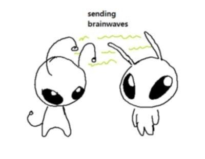 A stick figure drawing of two humanoid aliens with big eyes. wiggly lines are spread in-between them with the text 'sending brainwaves'.