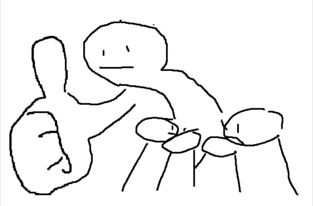 Extrait du mème intitulé "I Do Not Like That Thing". Une personne dans un groupe d'amis sort de la foule pour faire un signe d'approbation avec une main et un pouce disproportionné. Son visage est impassible, démontrant une forme de sarcasme dans le geste.