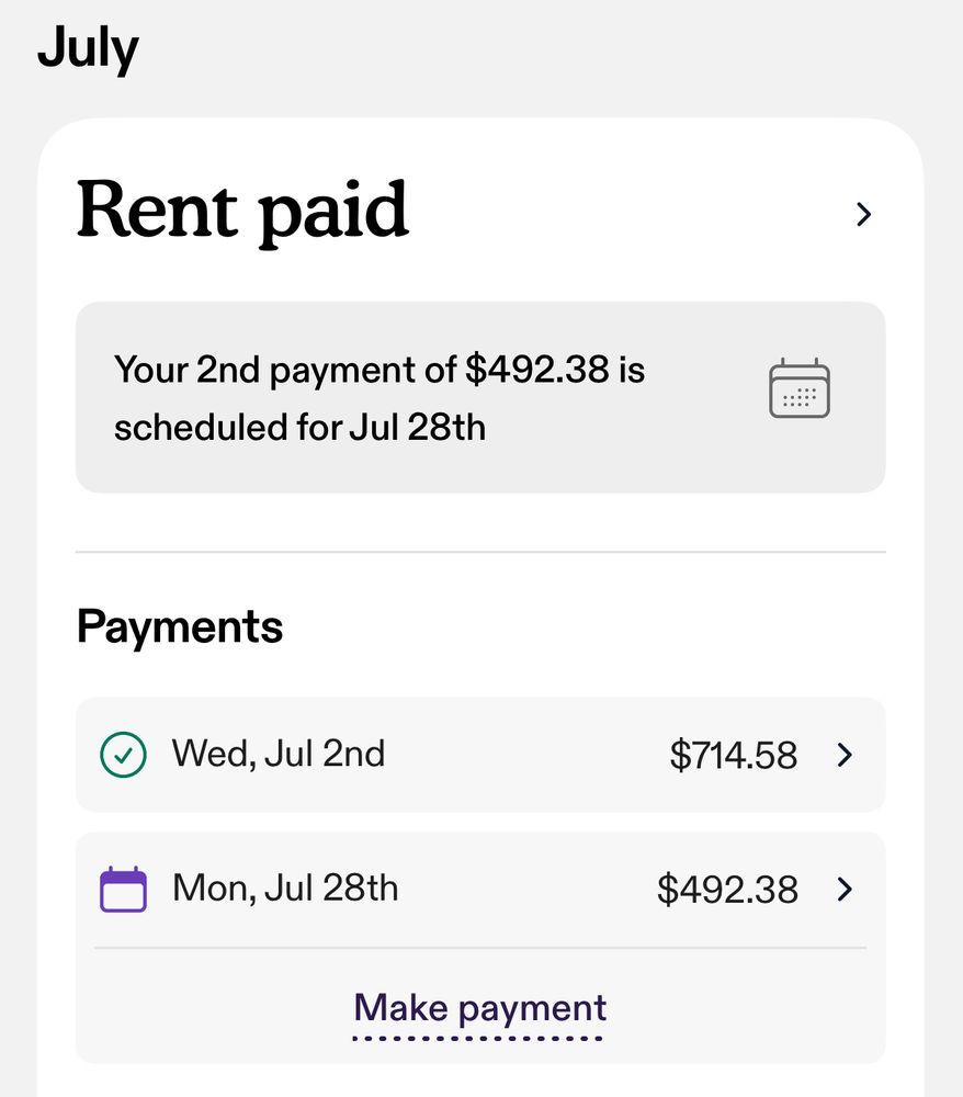 Screenshot from rent splitting portal, $492.38 due to pay off July’s rent