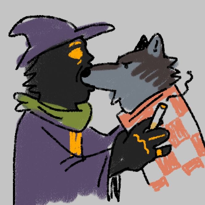 hash with a scary realistic face holding scorch up like a banh mi and taking a bite out of his snout