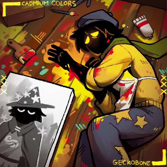 Cadmium Colors - Jamie Paige. hash lying lethargic on a floor scattered with paint and brushes. besides them lies a grayscale portrait of them as a rogue of breath, static and serene
