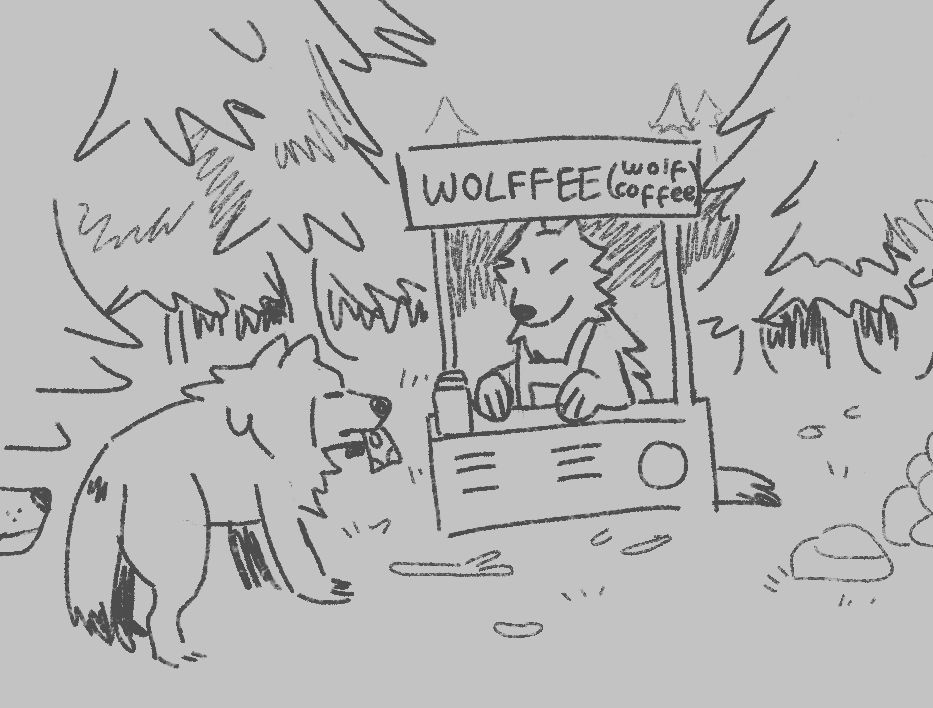 a patch of grass in the middle of a pine forest, a stand labeled "WOLFFEE (wolf coffee). a wolf wearing a barista apron is sitting behind it. 2 other wolves are in line to order, the one in front holding a dollar bill in its mouth