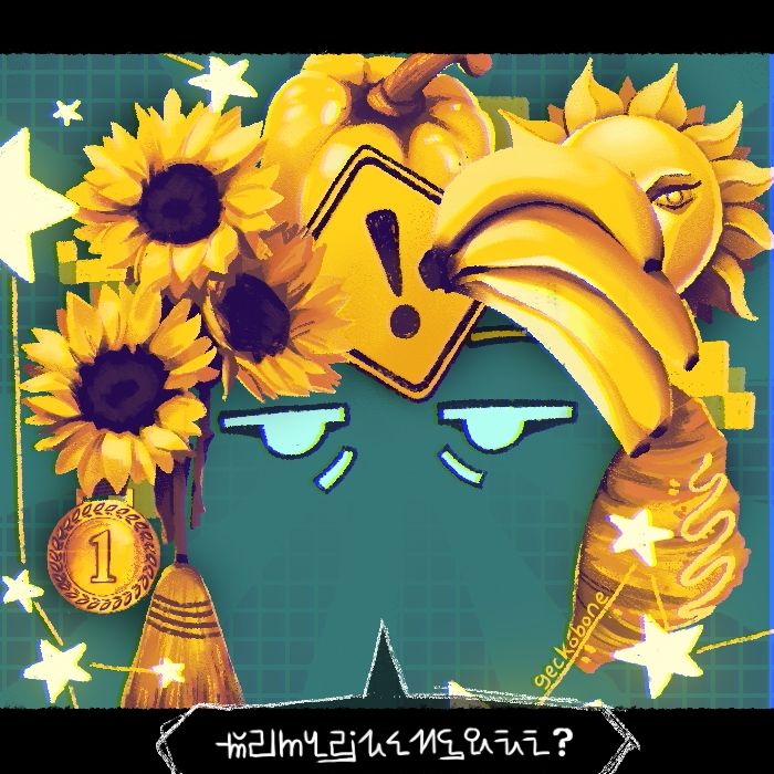 Cheap Properties - Frog96. a light blue pair of eyes making an apathetic expression against a dark turquoise backdrop. around it, several yellow objects are haphazardly compiled together to resemble hair