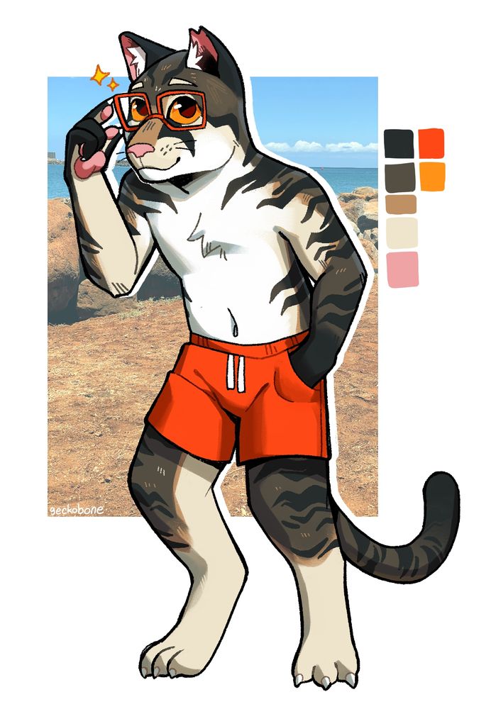 an anthro mackerel tabby cat with glasses wearing a swimsuit