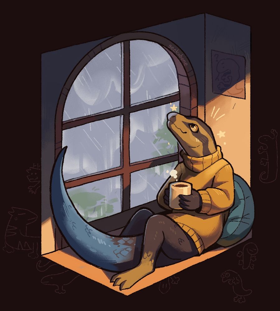 an anthro skink in a sweater sits cozily by a window, looking out into the rain. around him are several shitty doodles of various lizards