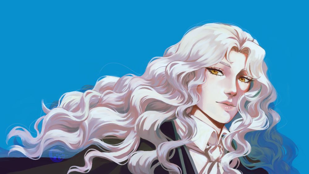 A drawing of Alucard from castlevania with a blue background.