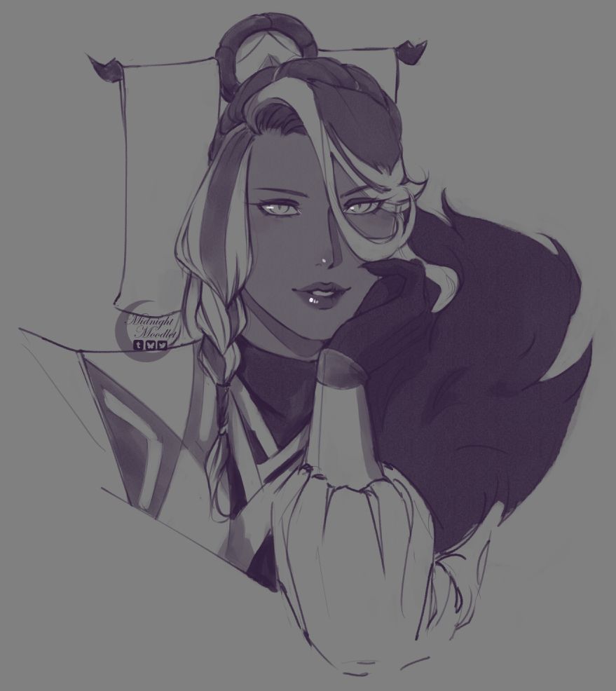 a monochromatic doodle of affogato cookie from cookie run. it is shaded in hues of purple