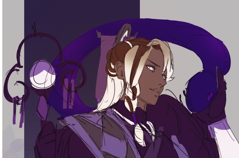 The sketch closeup of a fanart featuring affogato cookie from cookie run. He only has flat colours on his and the lines are very messy, the snake is purple in this early version as well. He's looking towards the right caressing the snake with his left hand while holding his staff on his right hand. 