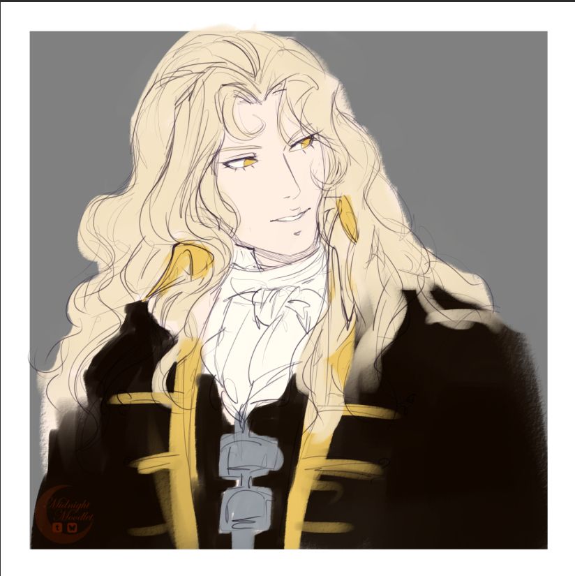 An unfinished illustration depicting Alucard from the Castlevania series. this is based on a scene in Nocturne, where he's looking towards the right. His outfit is a hybrid between the games and Nocturne's depiction.