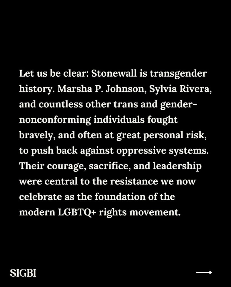 The Stonewall Inn and The Stonewall Inn Gives Back Initiative are outraged and appalled by the recent removal of the word 'transgender' from the Stonewall National Monument page on the National Park Service website. This blatant act of erasure not only distorts the truth of our history, but it also dishonors the immense contributions of transgender individuals - especially transgender women of color - who were at the forefront of the Stonewall Riots and the broader fight for LGBTQ+ rights.

SIGBI followed by a next arrow