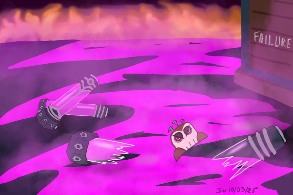 a drawing of shimmer spoiled everywhere, burning, some broken fioles on the floor and the half of Powder's wind up monkey face